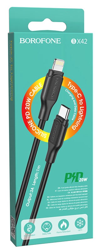 Кабель Type-C - 8 pin Borofone BX42 Encore, 1.0м, 3.0A, 20Вт, цвет: чёрный