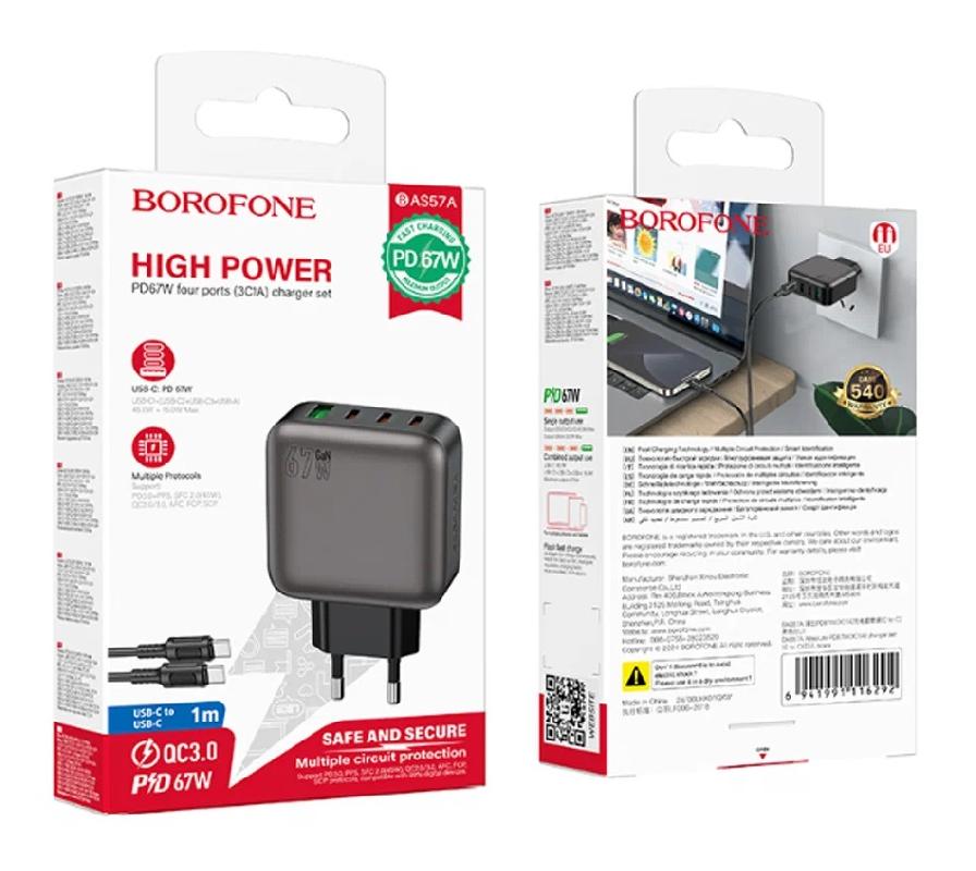 Блок питания сетевой 1 USB, 3 Type-C Borofone BAS57A, Absolute, 5V, 3.0A, PD 67Вт, кабель Type-C 1.0м 60W, цвет: черный