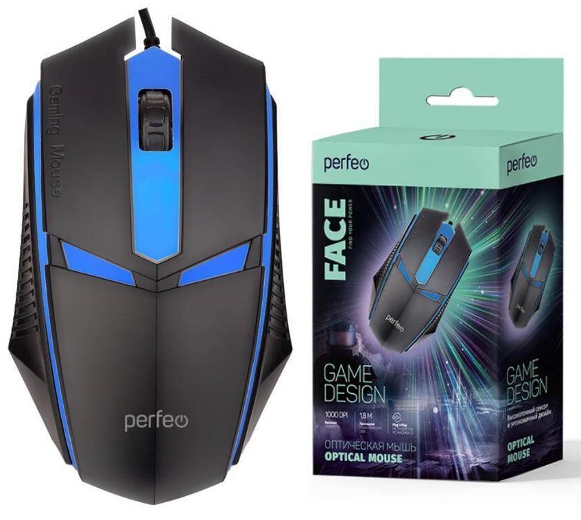 Perfeo мышь оптическая "FACE", 3 кн, USB, чёрн, GAME DESIGN, 7 цв. подсветка, 1000 DPI
