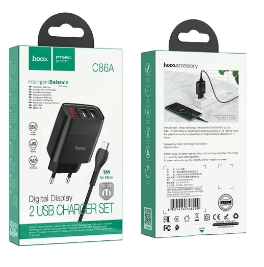 Комплект Hoco Сетевое зарядное устройство + кабель micro, 2USB, 2,4A   C86A LED экран (Чёрный)