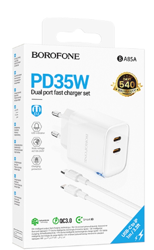 Блок питания сетевой 2 Type-C Borofone BA85A, Flare star, QC3.0, PD 35Вт, кабель Type-C, 8-pin, 1.0м, цвет: белый