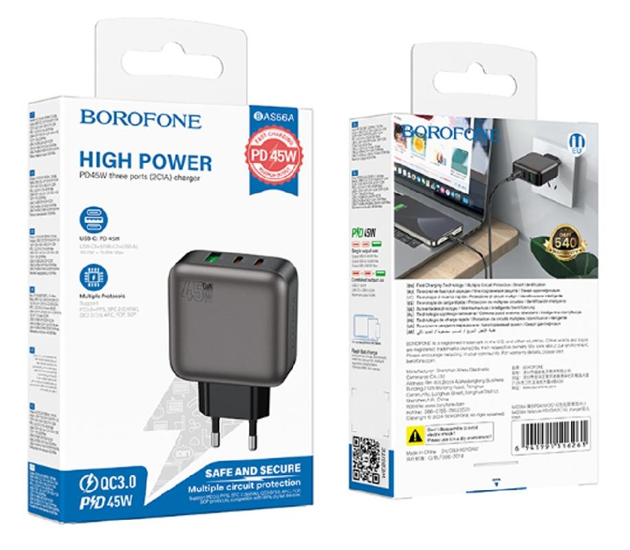 Блок питания сетевой 1 USB, 2 Type-C Borofone BAS56A, Absolute, 5V, 3.0A, PD 45Вт, цвет: черный