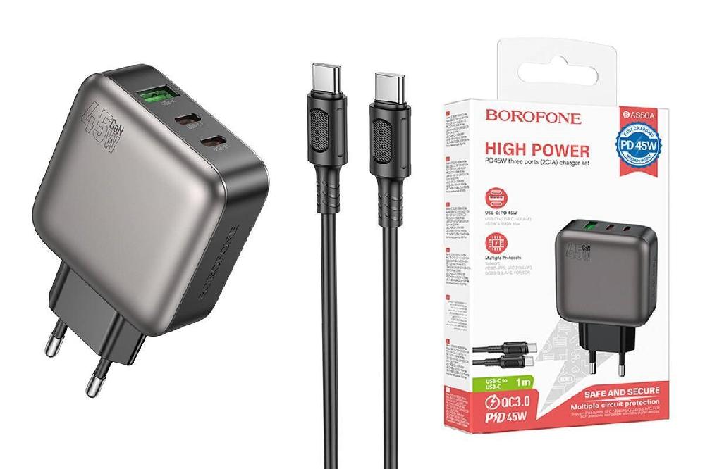 Блок питания сетевой 1 USB, 2 Type-C Borofone BAS56A, Absolute, 5V, 3.0A, PD 45Вт, кабель Type-C 1.0м 60W, цвет: черный