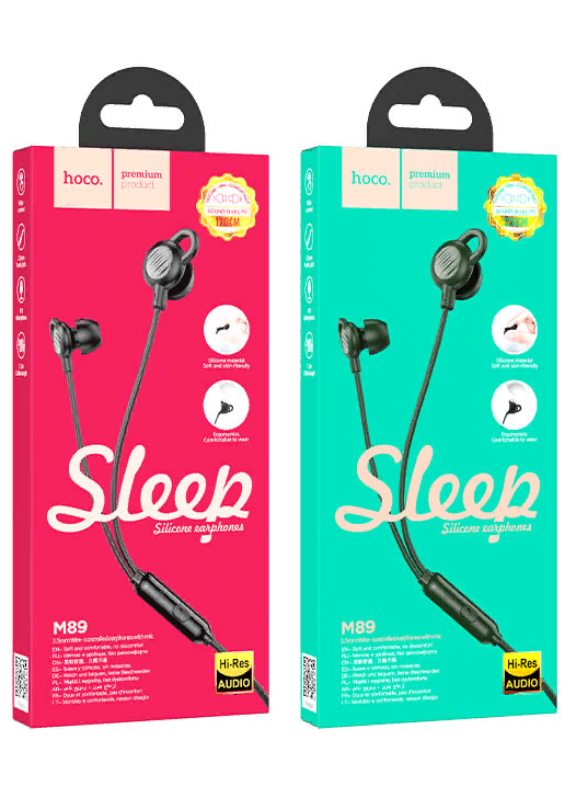 Наушники НОСО М89 с микрофоном  ( упаковка-картон) Sleep Silicone earphones, круглый провод (Чёрный)