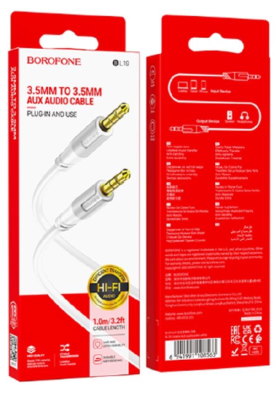 Кабель AUX, Jack 3,5mm(m) - Jack 3,5mm(m) Borofone BL19, Creator, 1.0м, цвет: белый, серая вставка