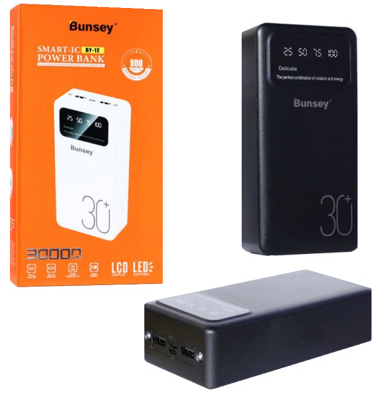 Портативный аккумулятор  Bunsey BY-12, 2USB  30000 m/a, LED дисплей (Type-C, Micro)фонарик (Чёрный)