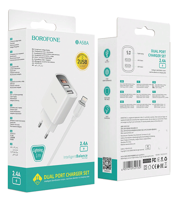 Комплект BOROFONE Cетевое зарядное устройство + кабель  8pin, USB, 2.4A   B-A58A 1м (с дисплеем) (Белый)