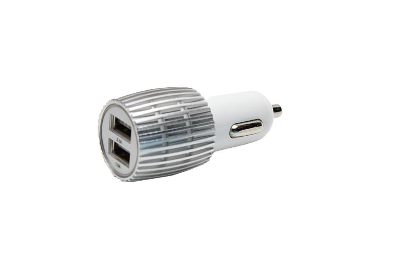 А04  Автомобильное зарядное устройство с 2 USB светящиеся 2100 /1000 m/a (свеча) (Серебро)