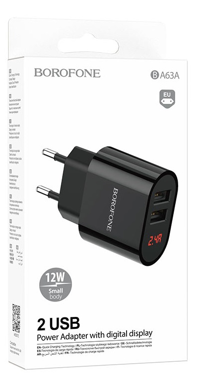 Блок питания сетевой 2 USB Borofone BA63A, Richy, 2400mA, цвет: чёрный