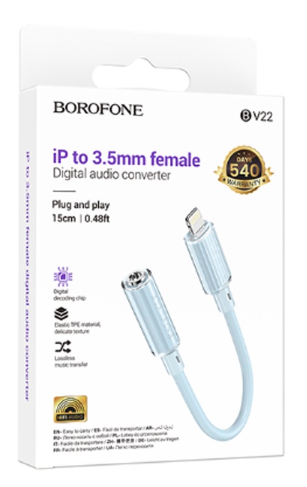 Переходник 8 pin(m) - Jack 3,5mm(f) Borofone BV22 Lemon, 0,15м, цвет: синий