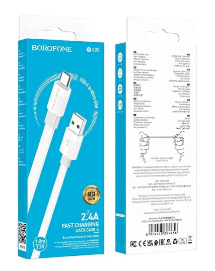 Кабель Micro BOROFONE B-X89, 1 м, 2.4A плоский кабель, Fast Charging, Data Cable  (Бело-серый)
