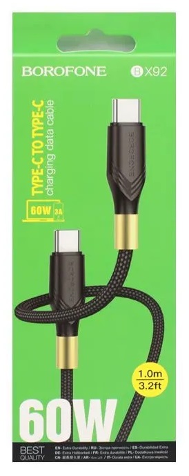 Кабель Type-C - Type-C Borofone BX92 Advantage, 1.0м, 3,0А, 20Вт, PD, цвет: чёрный