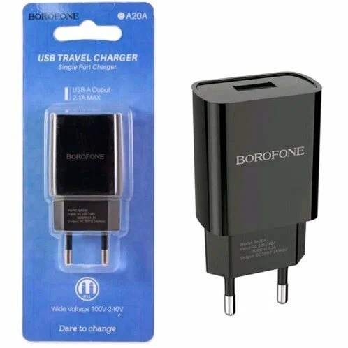 Блок питания сетевой 1 USB Borofone BA20A, Sharp, 2100mA, цвет: чёрный