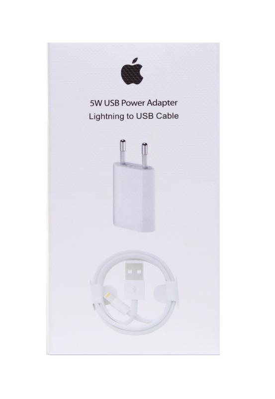 Сетевое зарядное устройство  iPhone 5s/5с оригинал с USB в коробке, КОМПЛЕКТ (плоский блок+кабель)MD814CH