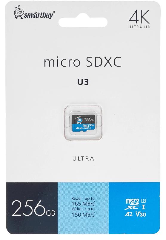 micro SDXC карта памяти Smartbuy 256 ГБ серия Ultra U3/A2/V30; 165/150 МБ/с, без адаптеров