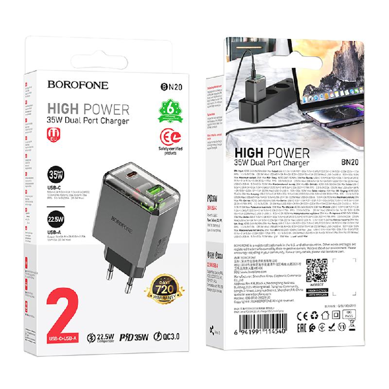 Блок питания сетевой 1 USB, Type-C Borofone BN20, Lena, 35Вт, PD, QC, FCP, AFC, цвет: серый, (арт.6941991114540)