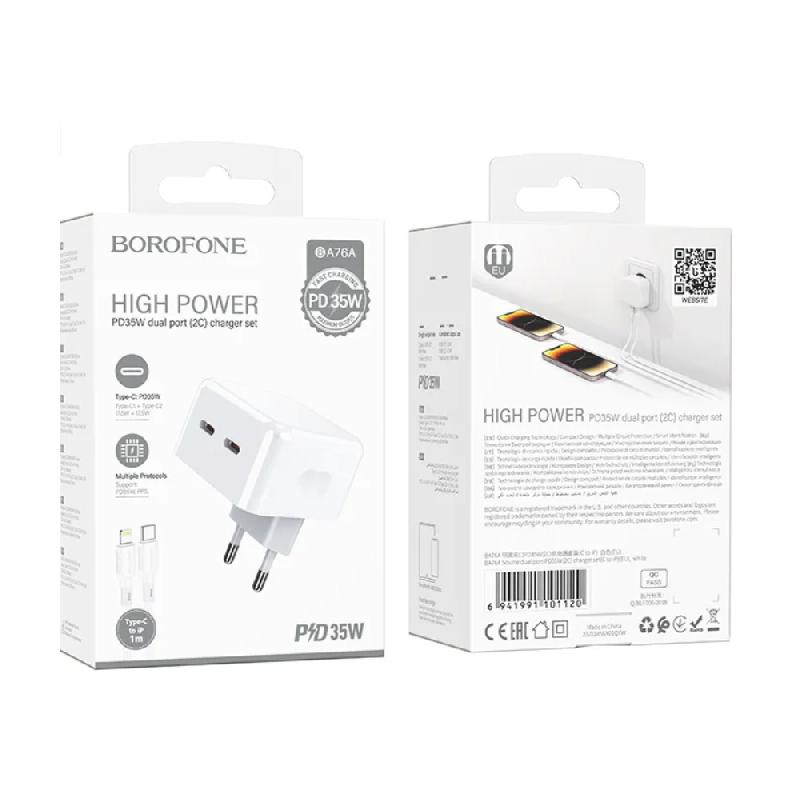 Блок питания сетевой 2 Type-C Borofone BA76A, Source, 35Вт, PD/ QC/ FCP/ AFC, цвет: белый