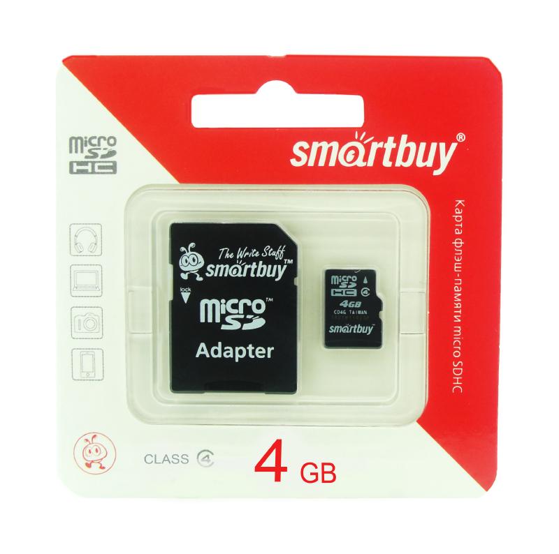 Карта памяти micro SD 4 Gb SmartBuy  Class 4  (с адаптором SD)  