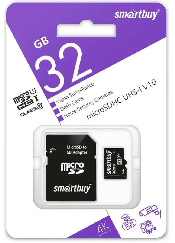 micro SDHC карта памяти Smartbuy 032 ГБ для видеонаблюдения U1/V10, с адаптером SD