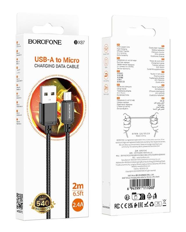 Кабель USB - микро USB Borofone BX87 Sharp, 2.0м, 2.4A, цвет: чёрный