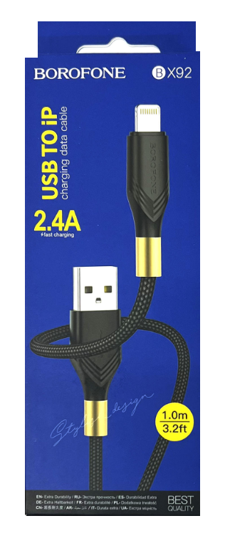 Кабель lightning 5/5S/6/6S 8 pin, BOROFONE B-X92, 1м, 2.4A текстильный, пластик. наконечник (Чёрный)