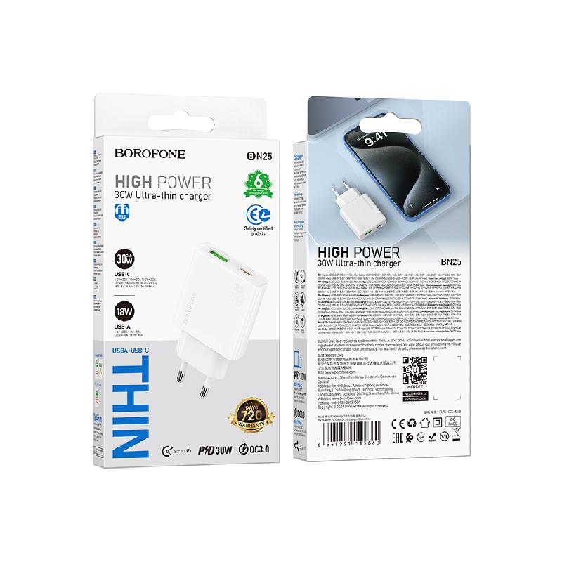 Блок питания сетевой 1 USB, Type-C Borofone BN25, Wish, 30Вт, PD30W/ QC3.0/ FCP/ AFC, цвет: белый
