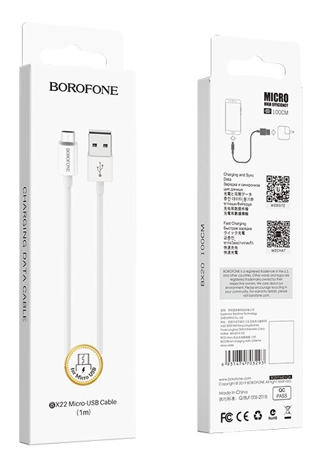 Кабель USB - микро USB Borofone BX22 Bloom, 1.0м, 2.1A, цвет: белый