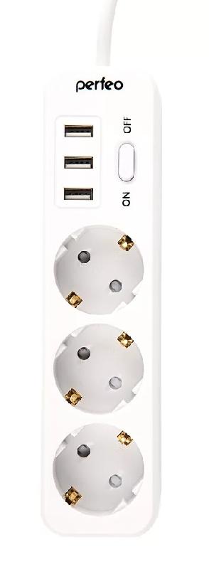 Perfeo сетевой фильтр "POWER STREAM", 2500W, двойная защита, 2м, 3 розетки, 3 USB, белый.