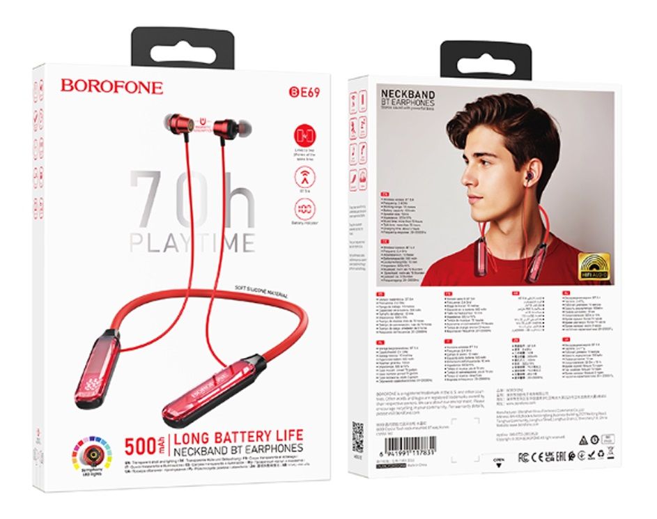 Наушники внутриканальные Borofone BE69, Crystal, Bluetooth, цвет: красный
