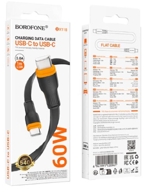 Кабель Type-C - Type-C Borofone BX118 Esplendido, 1.0м, 3.0A, 60Вт, цвет: чёрный