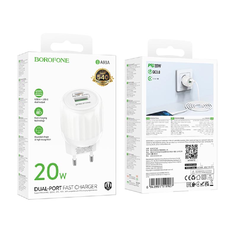 Блок питания сетевой 1 USB, Type-C Borofone BA93A, Lustrous, 20Вт, PD/QC3.0/FCP/AFC, цвет: белый, (арт.6941991119927)