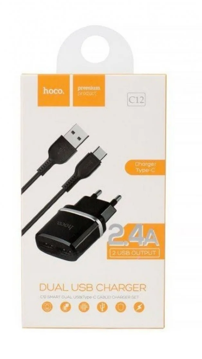 Комплект Hoco Cетевое зарядное устройство + кабель  Type-C, 2USB, 2.4A   С12 1м (Чёрный)