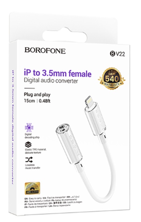 Переходник 8 pin(m) - Jack 3,5mm(f) Borofone BV22 Lemon, 0,15м, цвет: белый