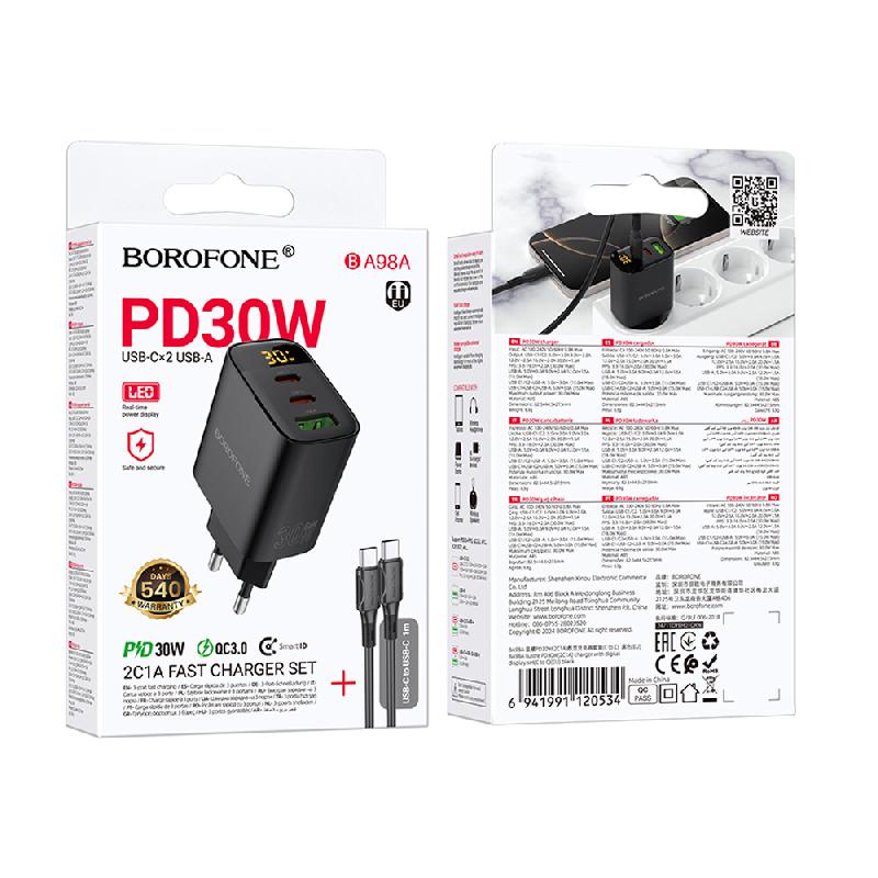 Блок питания сетевой 2 Type-C, USB Borofone BA98A, Ilustre, 5V, 3.0A, PD30W, кабель Type-C-Type-C, 1,0 м, 60 Вт, цвет: чёрный