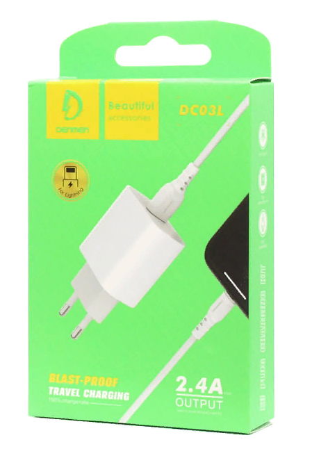 Комплект Denmen Cетевое зарядное устройство + кабель  lightning, USB, 2,4A DC03L