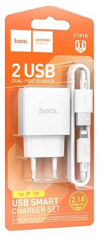 Комплект Hoco C141A CЗУ 2USB 2.1A + кабель  lightning, 1м  (Белый)