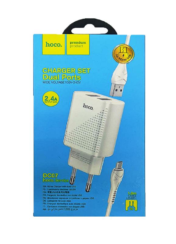 Комплект Hoco Cетевое зарядное устройство + кабель micro, 2USB, 2,4A   DC07 (Белый)