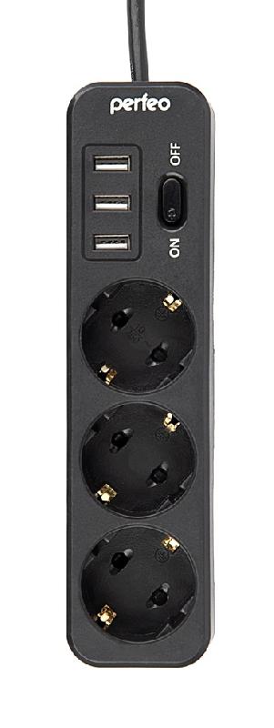 Perfeo сетевой фильтр "POWER STREAM", 2500W, двойная защита, 4м, 3 розетки, 3 USB, черный.