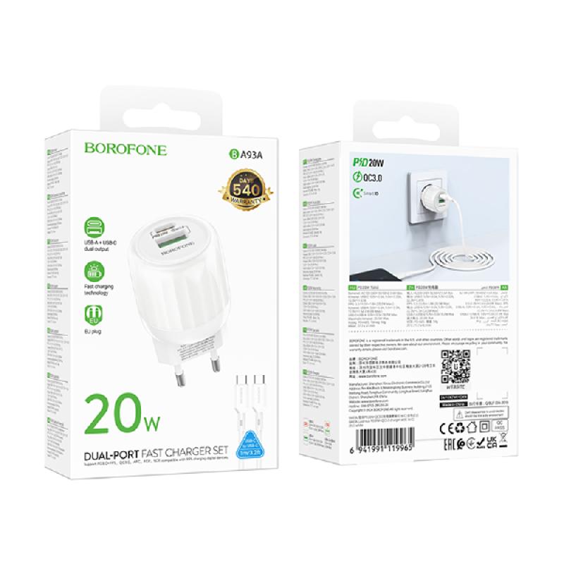 Блок питания сетевой 1 USB, Type-C Borofone BA93A, Lustrous, 20Вт, PD/QC3.0/FCP/AFC, кабель Type-C-Type-C, 1,0 м, 60 Вт, цвет: белый