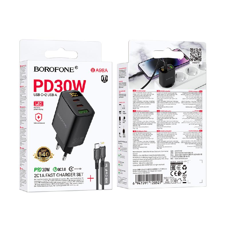 Блок питания сетевой 2 Type-C, USB Borofone BA98A, Ilustre, 5V, 3.0A, PD30W, кабель 8 pin-Type-C, 1,0 м, цвет: чёрный