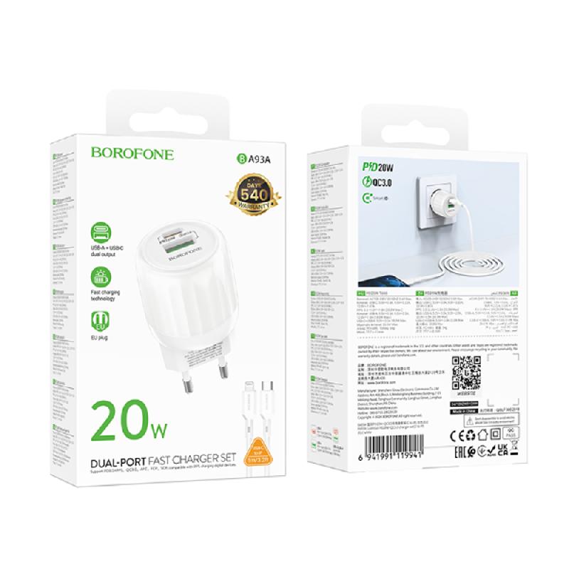 Блок питания сетевой 1 USB, Type-C Borofone BA93A, Lustrous, 20Вт, PD/QC3.0/FCP/AFC, кабель 8 pin-Type-C, 1,0 м, цвет: белый, (арт.6941991119941)
