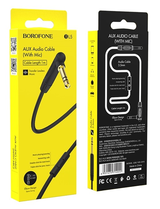 Кабель AUX, Jack 3,5mm(m) - Jack 3,5mm(m) Borofone BL5, 1.0м, микрофон, цвет: чёрный