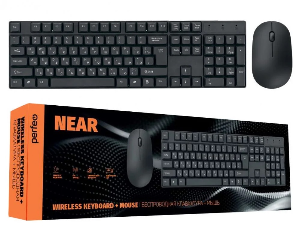 Perfeo беспров. набор "NEAR", USB: клав-ра 104 кн. + мышь 3 кн., 1000 DPI, чёрн.