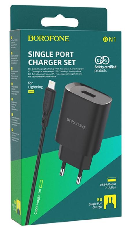 Блок питания сетевой 1 USB Borofone BN1, 2100mA, кабель 8 pin, цвет: чёрный