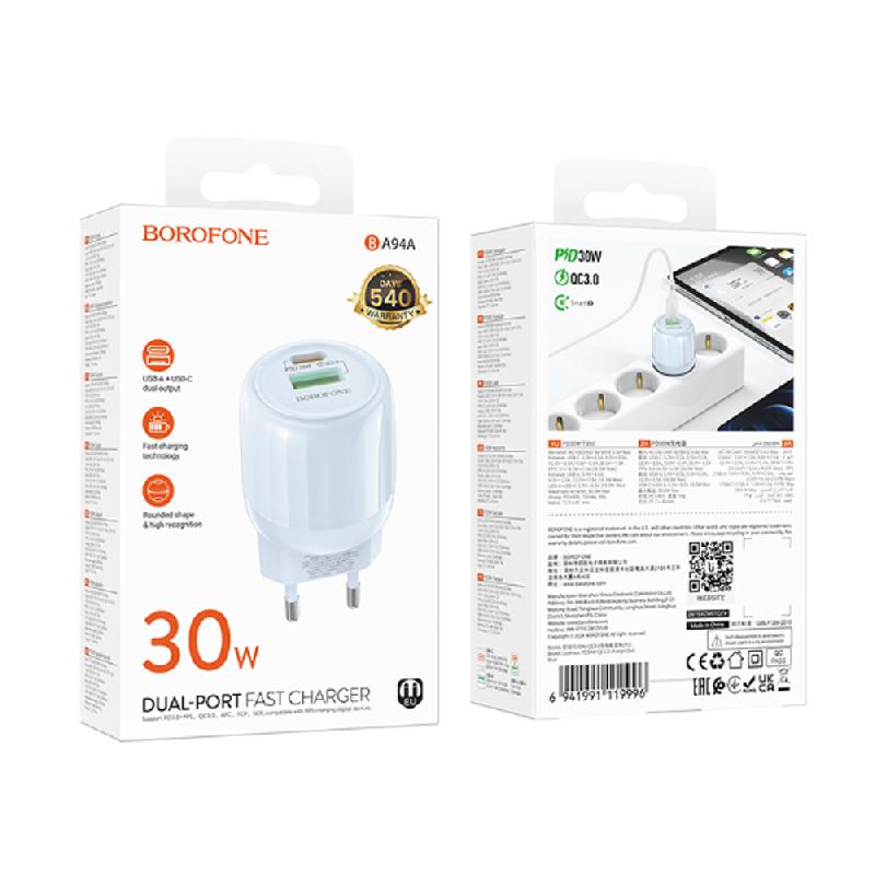 Блок питания сетевой 1 USB, Type-C Borofone BA94A, Lustrous, 30W, PD/QC3.0/FCP/AFC, цвет: синий, (арт.6941991119996)