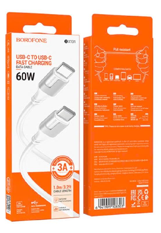 Кабель Type-C - Type-C Borofone BX101 Creator, 1.0м, 3A, 60Вт, цвет: белый, серая вставка