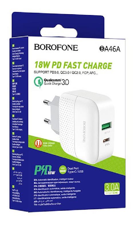 Блок питания сетевой 1 USB, 1 Type-C Borofone BA46A, Premium, 18Вт, QC3.0, QC2.0, FCP, SCP, AFC, PD3.0, цвет: белый
