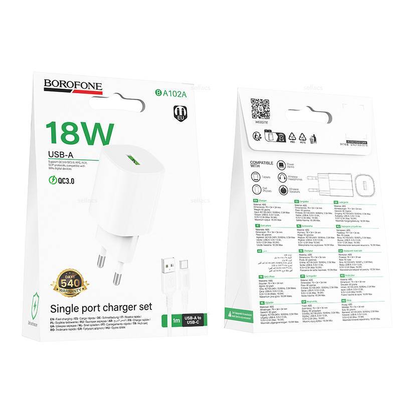 Комплект BOROFONE BA102A СЗУ USB QC 3.0 18W + кабель Type-C, 1м (Белый)