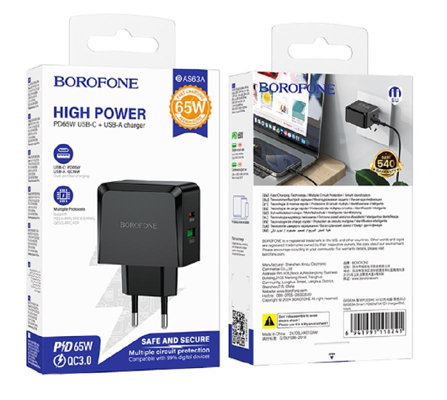 Блок питания сетевой 1 USB, 1 Type-C Borofone BAS63A, Smart, QC3.0, PD 65Вт, цвет: чёрный