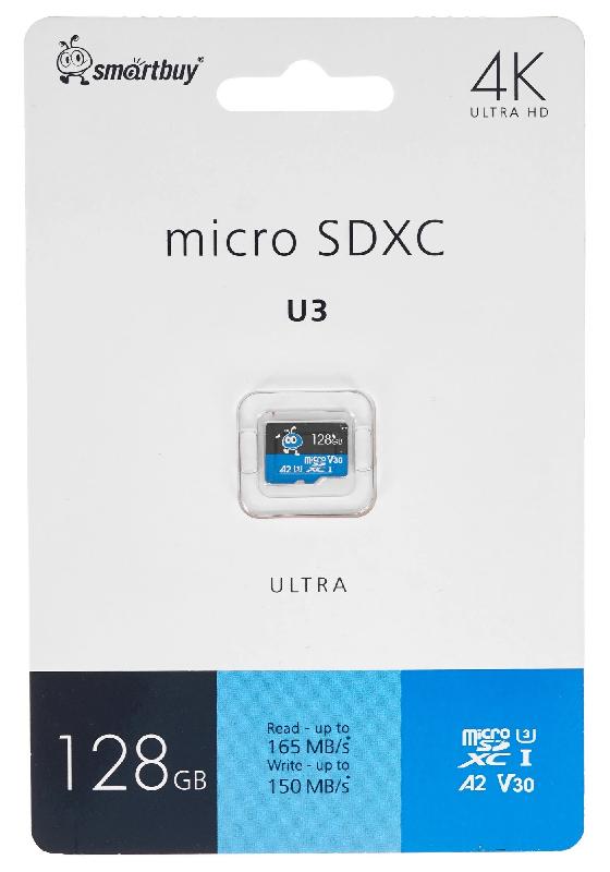 micro SDXC карта памяти Smartbuy 128 ГБ серия Ultra U3/A2/V30; 165/150 МБ/с, без адаптеров